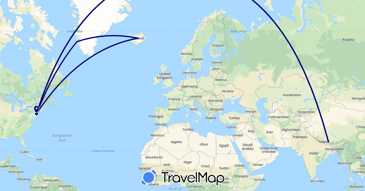 TravelMap itinerary: driving in Greenland, Iceland, Nepal, United States (Asia, Europe, North America)